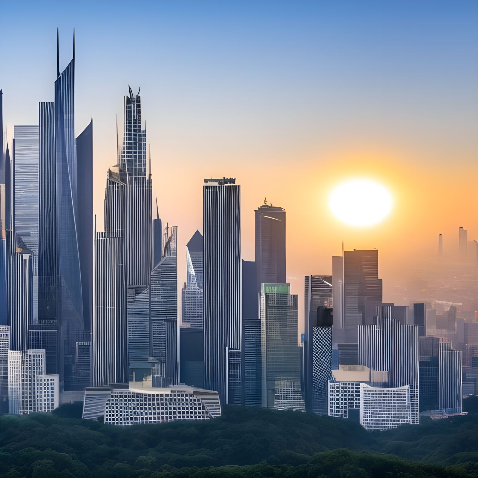 Geometric Cityscape at Twilight in Mondrian Style