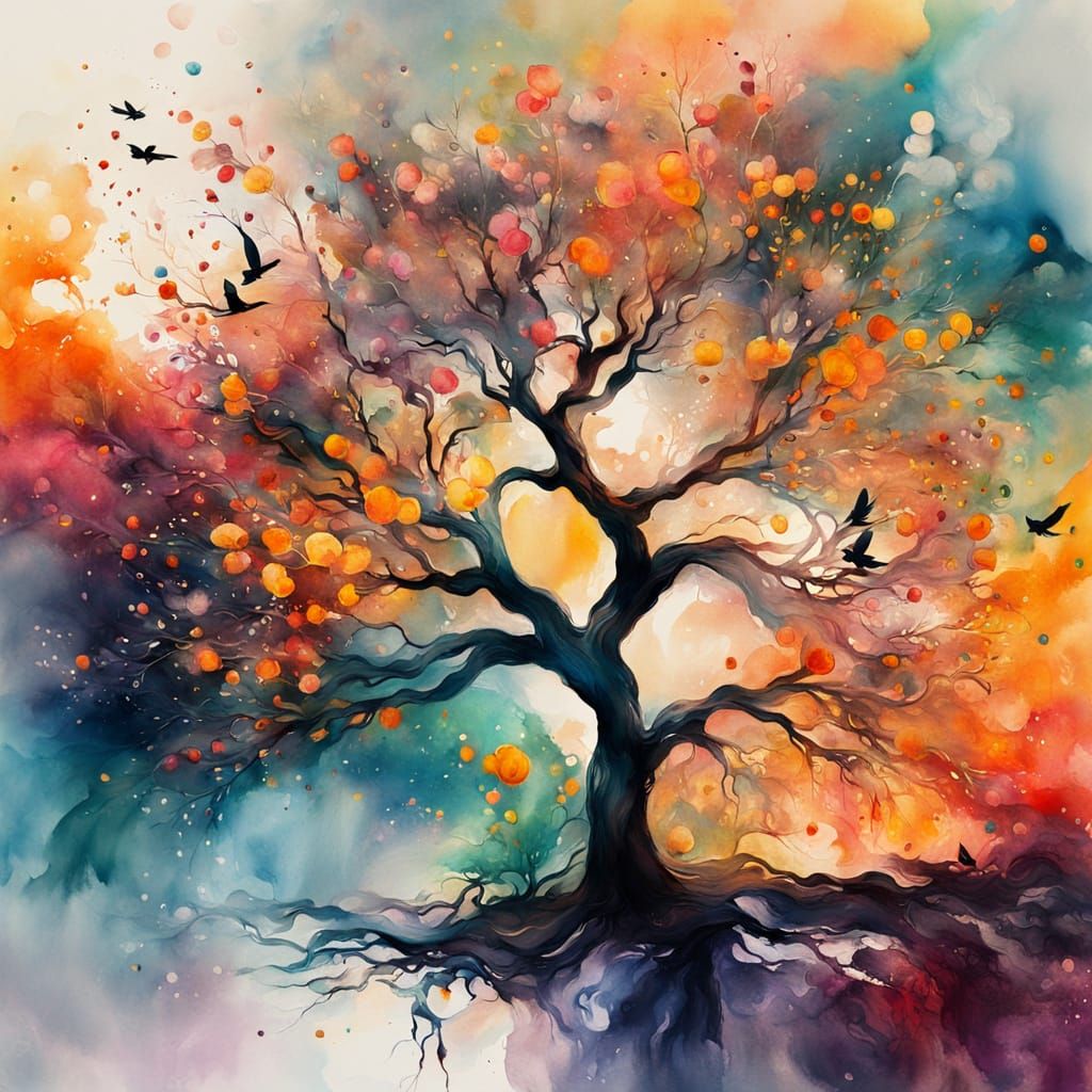 Ethereal Blossom Tree in Vibrant Sunset Hues