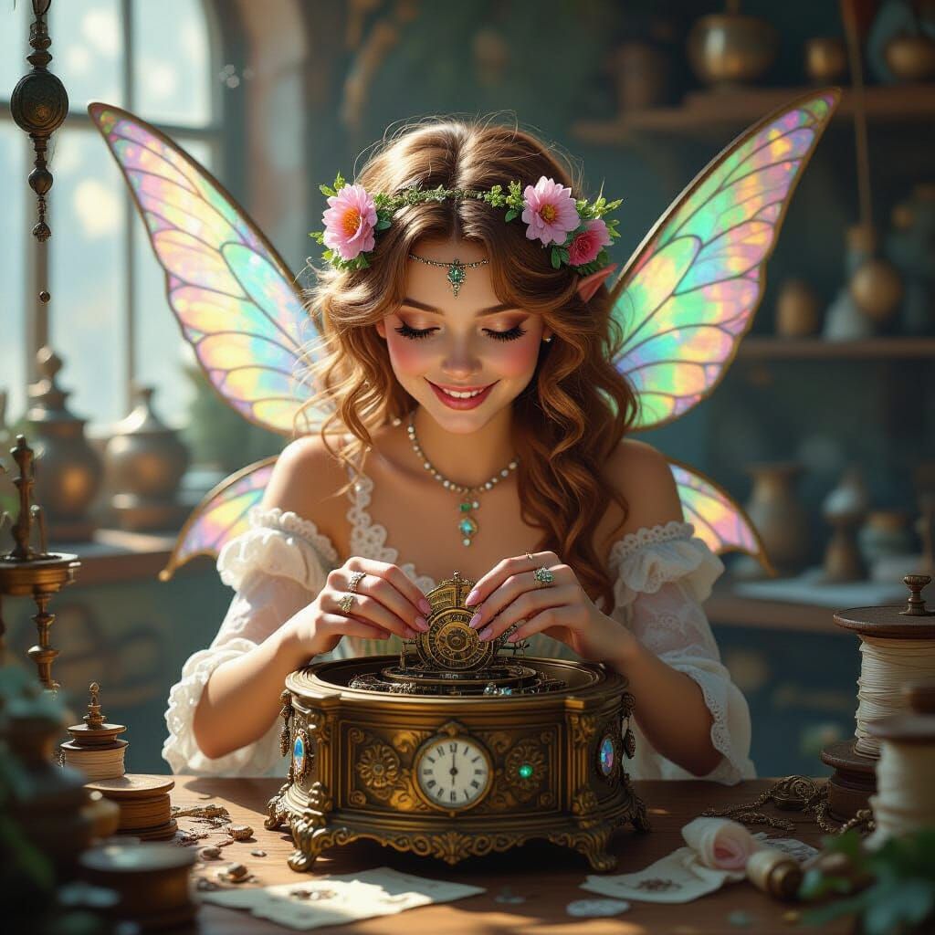 Pixie Tinkering with Clockwork in Music Box