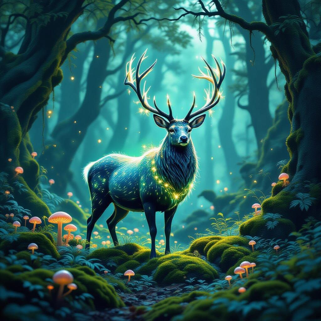 Bioluminescent Stag in an Ancient Forest
