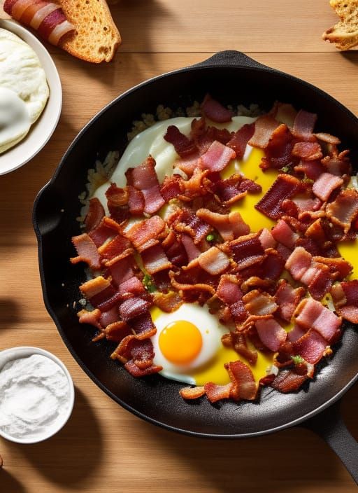 Hyperrealistic Bacon and Eggs in Skillet