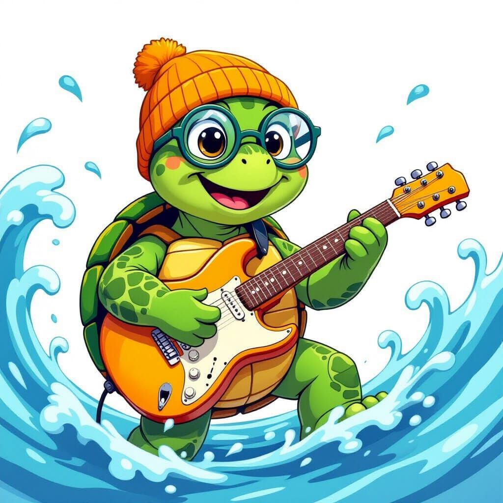 Cartoon Turtle Plays Guitar in Whimsical Style