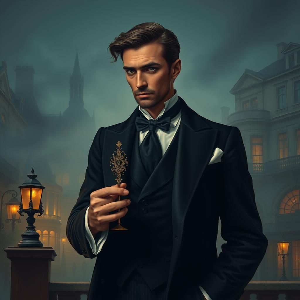 Elegant Man with Snickersnee in Foggy Cityscape