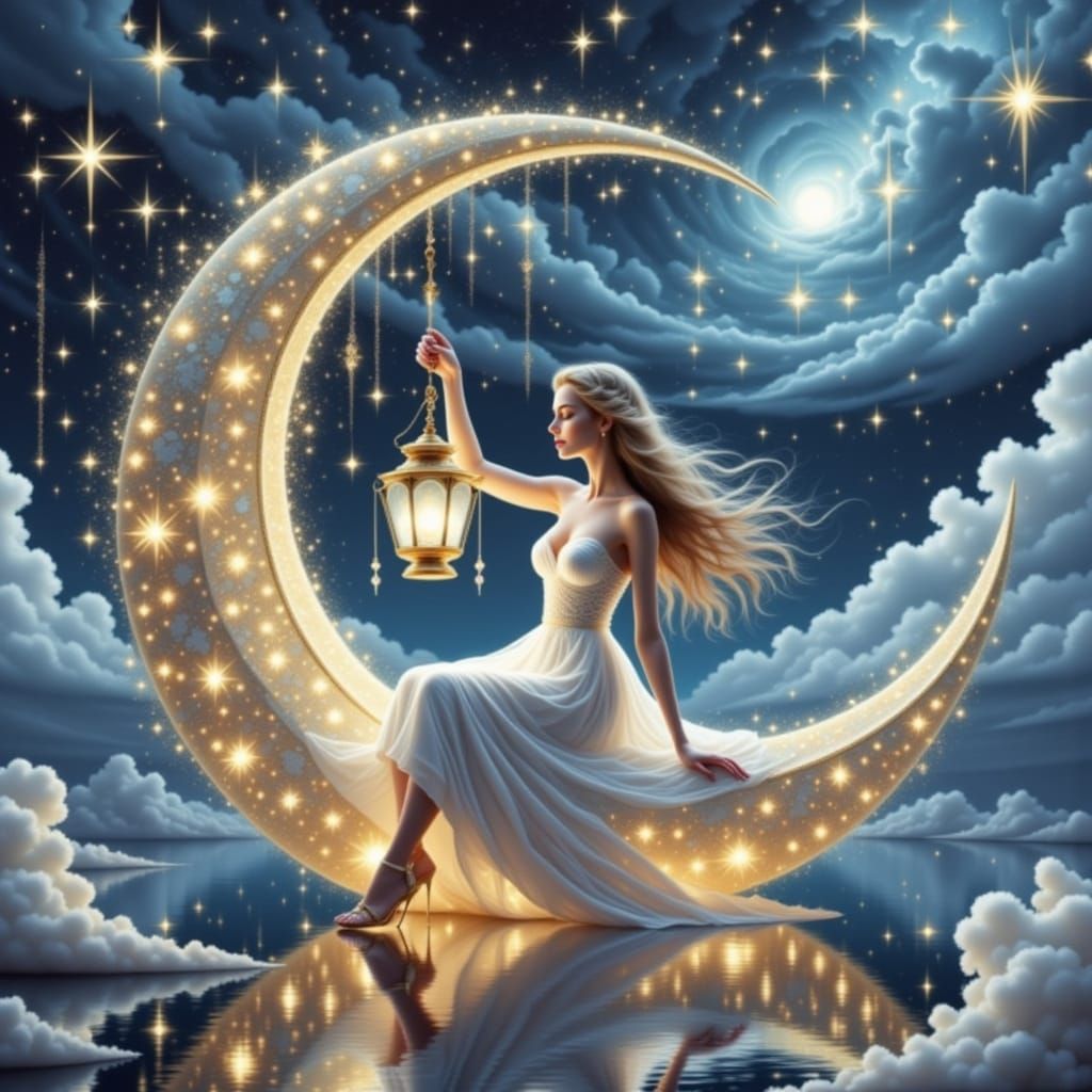 Ethereal Woman on Cosmic Dinghy in Dreamy Night Scene