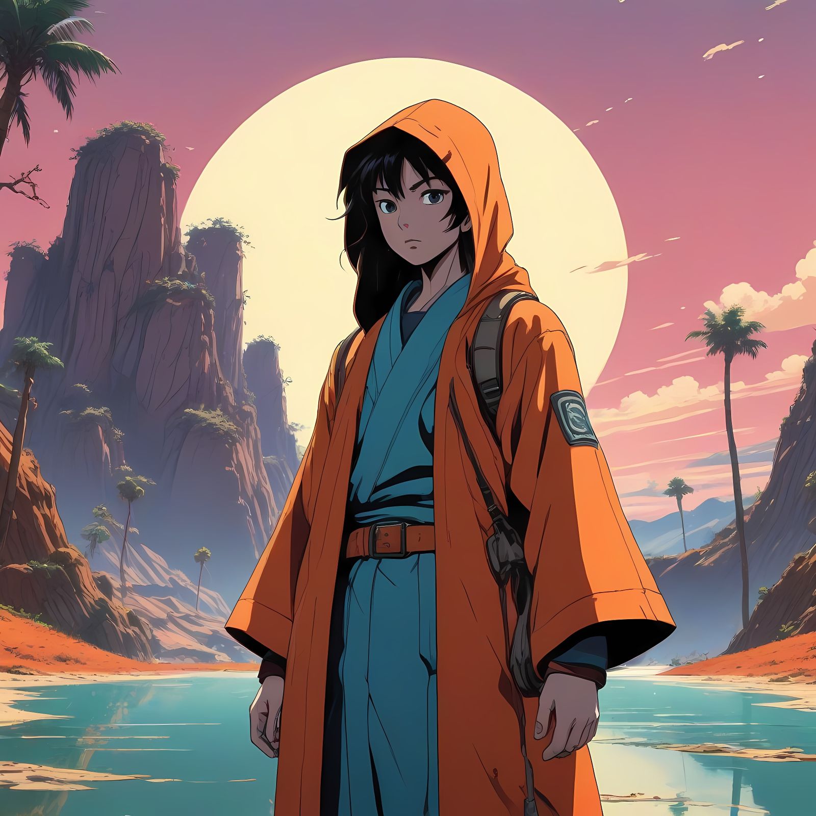 Vibrant Retro Anime Mercenary in the Desert Sun