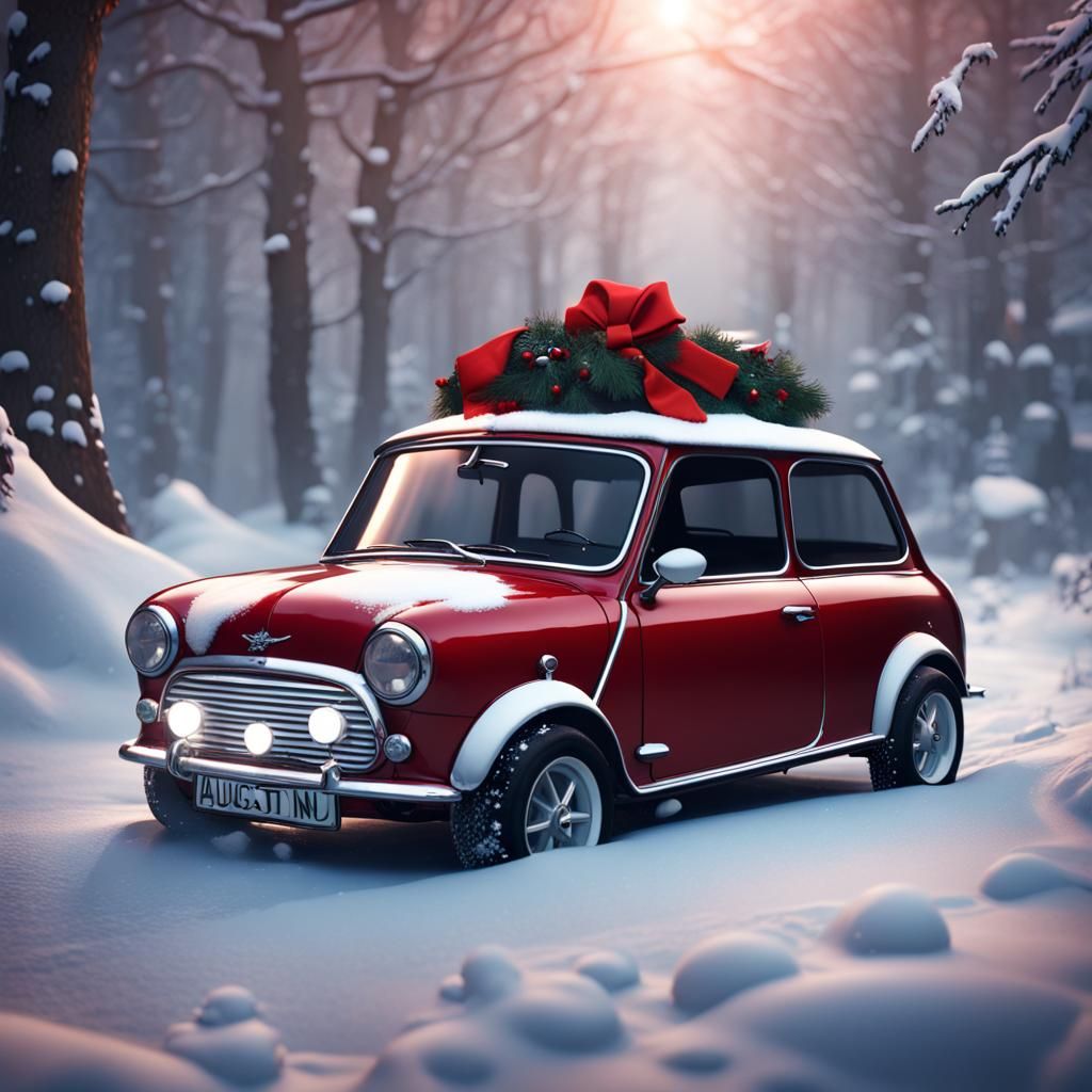 Red Austin Mini with Christmas Hat in Snow