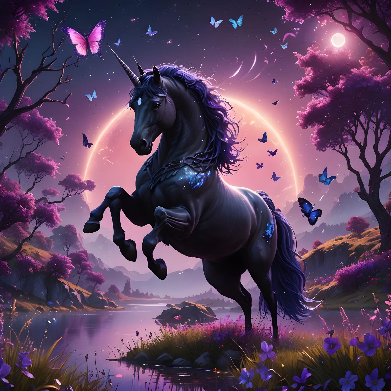 Black Unicorn in Purple Fantasy Meadow at Midnight
