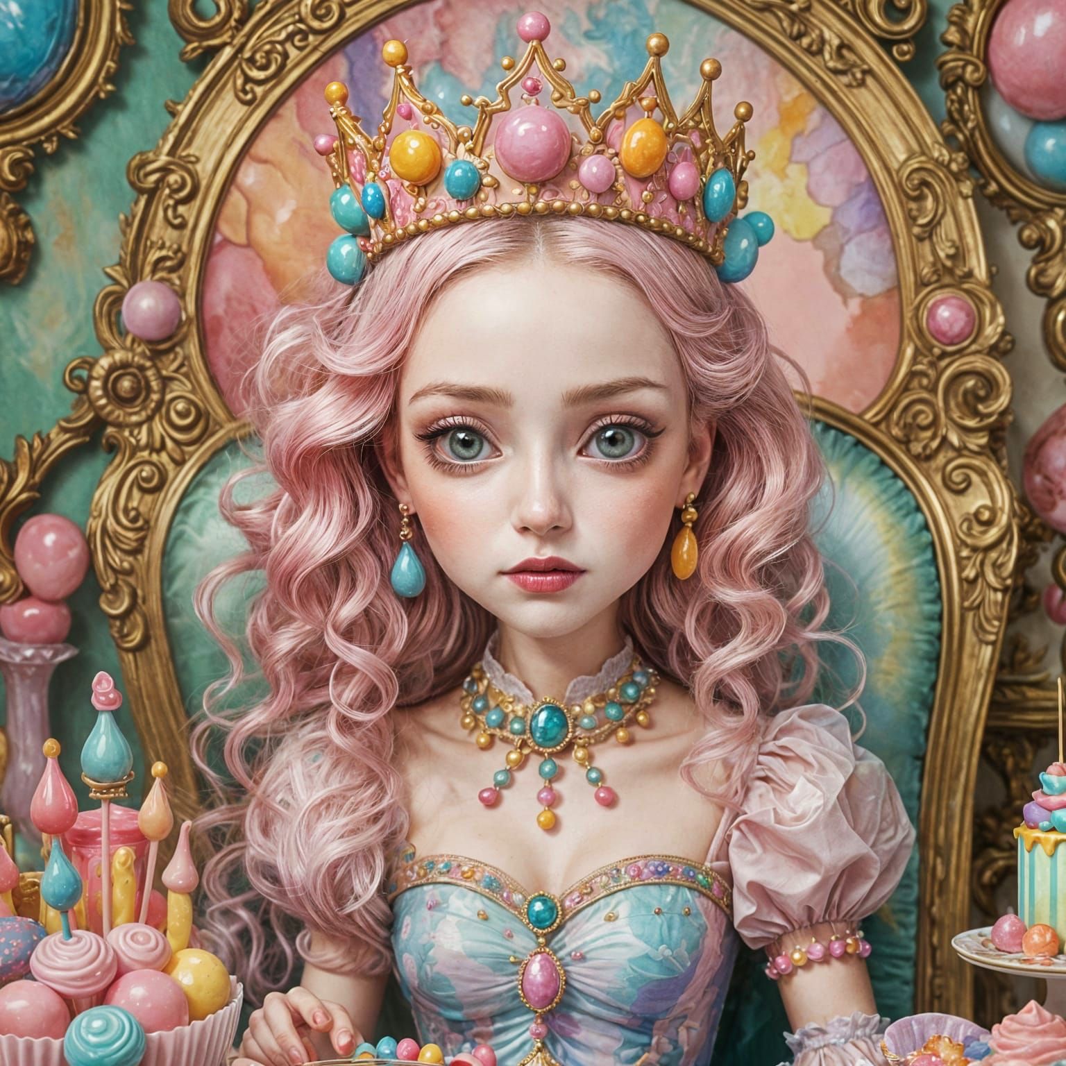 Whimsical Candy Queen Painting in Watercolor and Acrylic