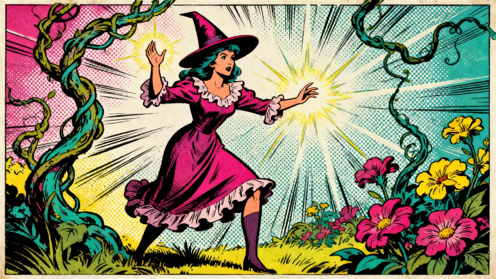 Witch Spellbursts Nature in Retro Comic Style