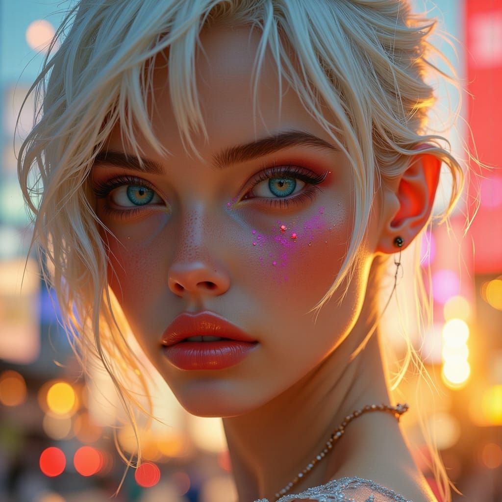 Hyper-Realistic Portrait of Seductive Woman with Neon Eyes