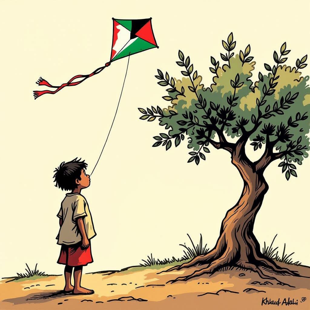 Handala and Palestine Kite in Naji al-Ali Style