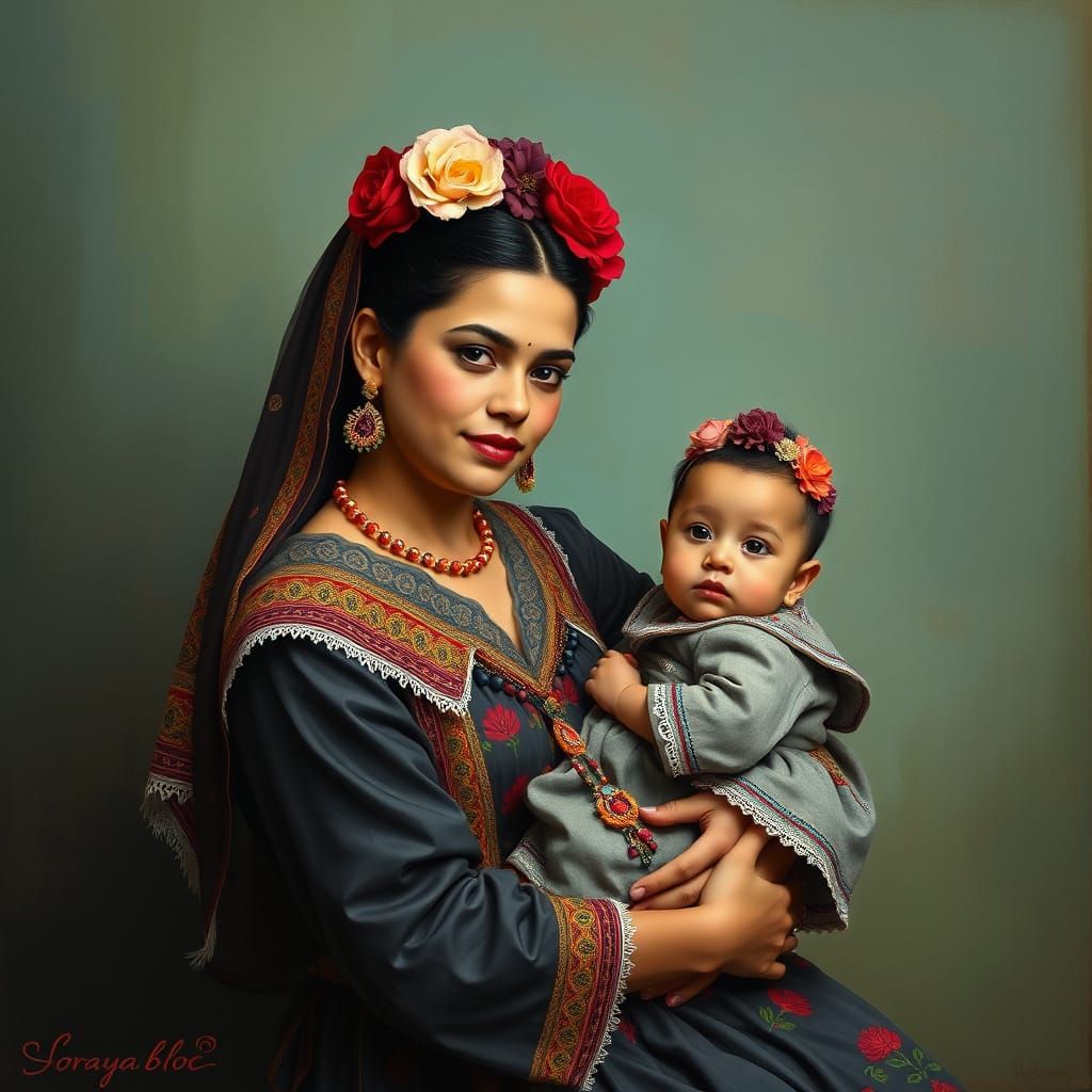 Kurdish Mother and Child in Traditional Dress