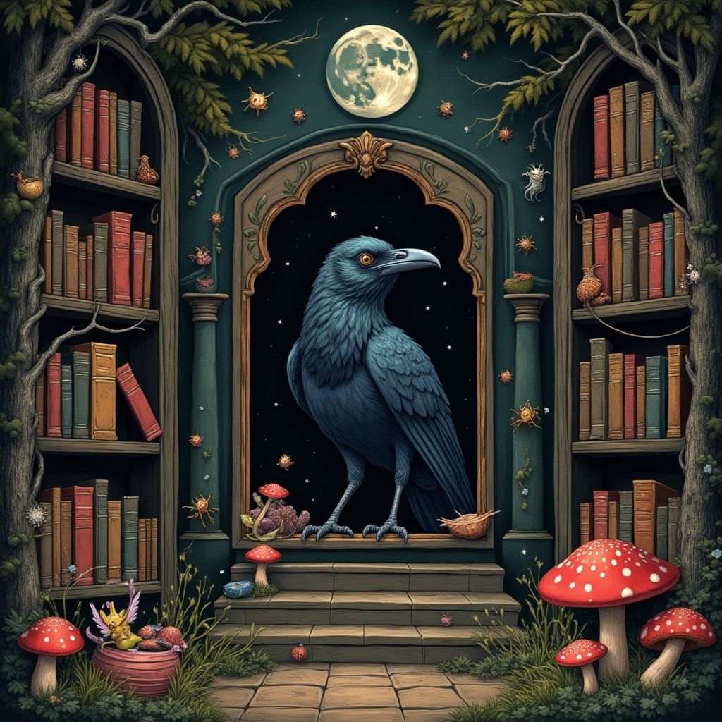 Whimsigothic Vintage Library with Magical Forest