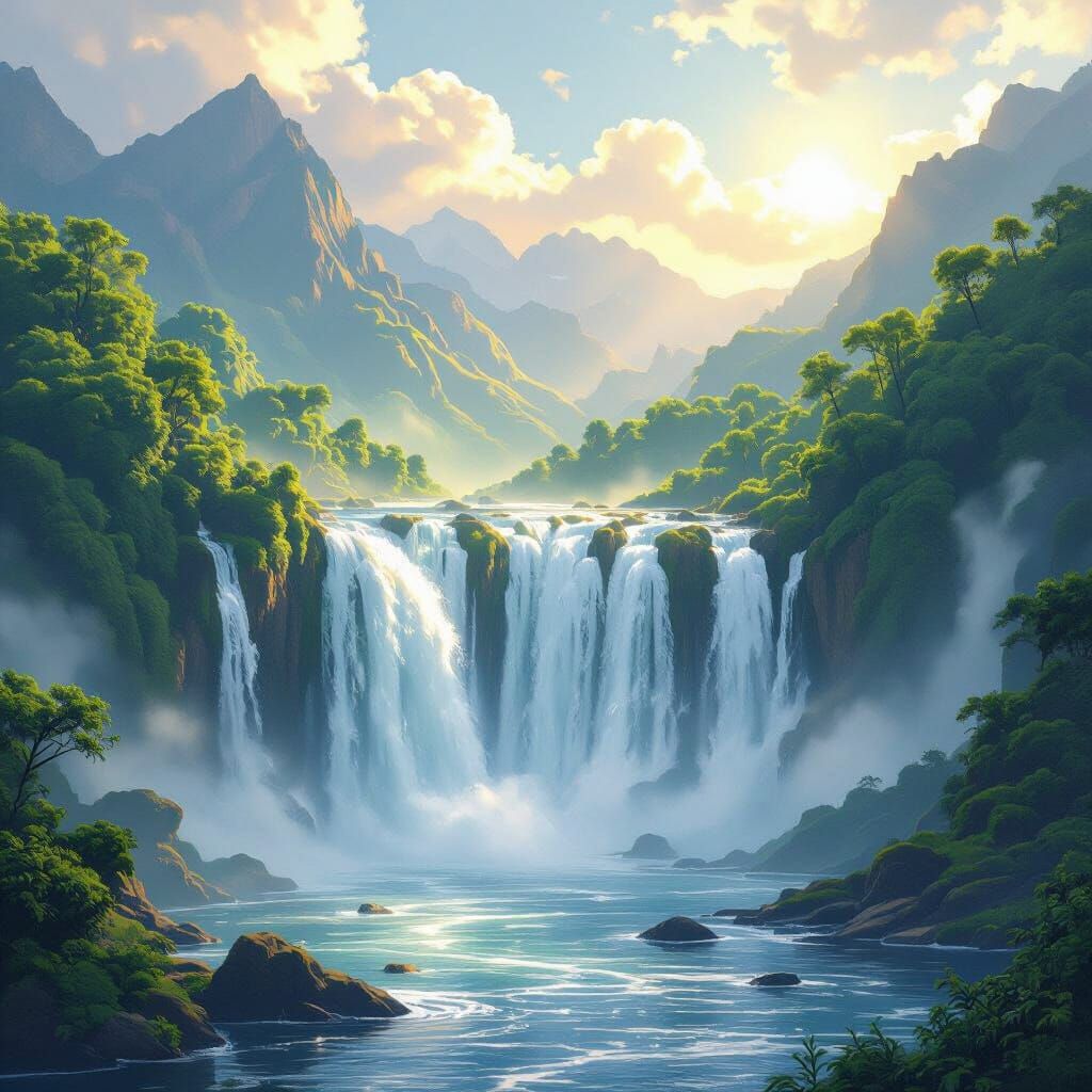Majestic Waterfall and River Scene in Digital Art
