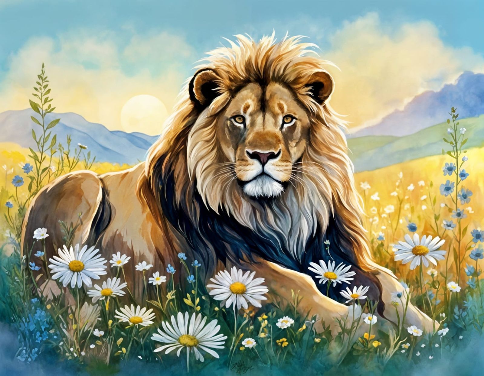 Lion with Wildflower Mane in Watercolor Art
