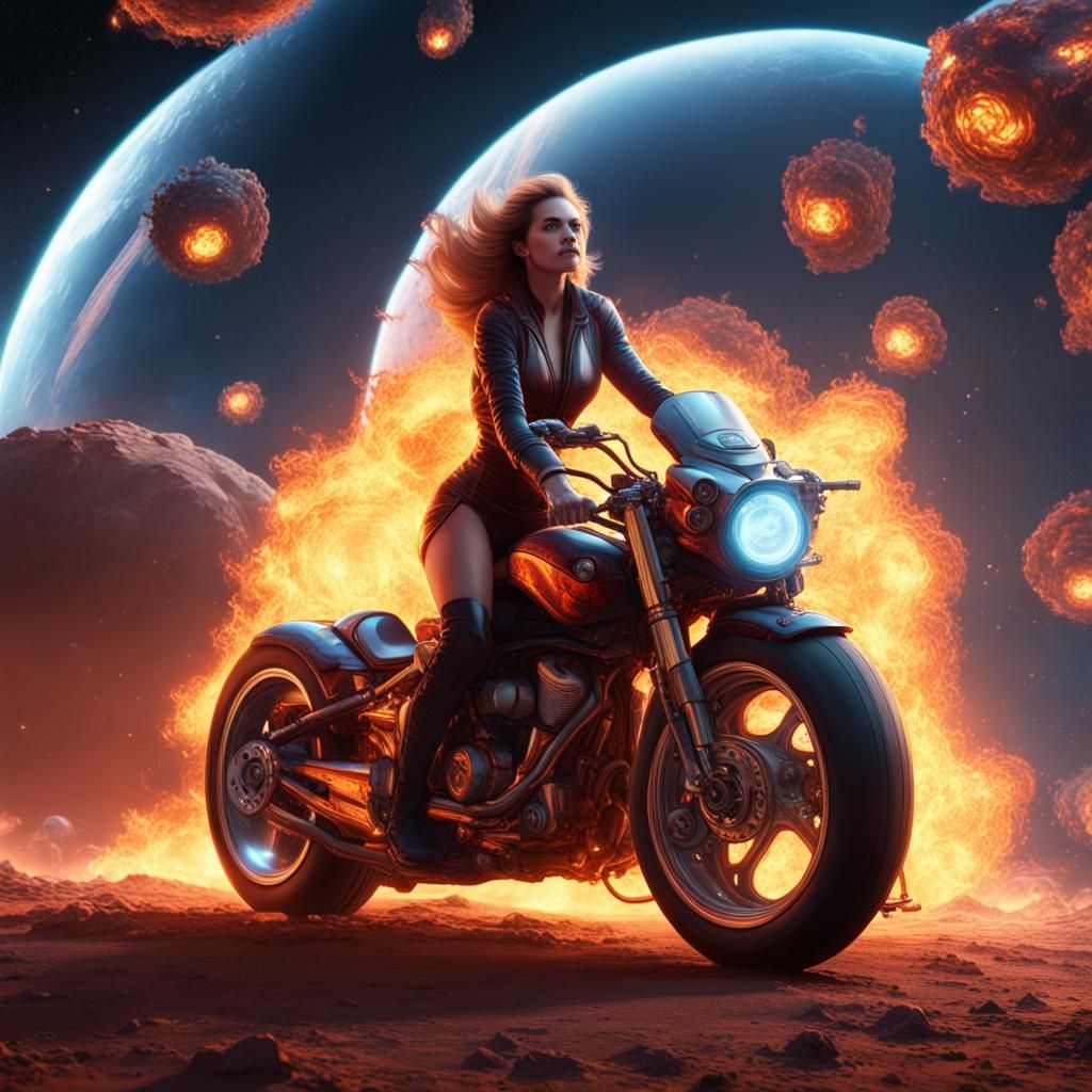 Fiery Wheels: Woman Soaring Through Space