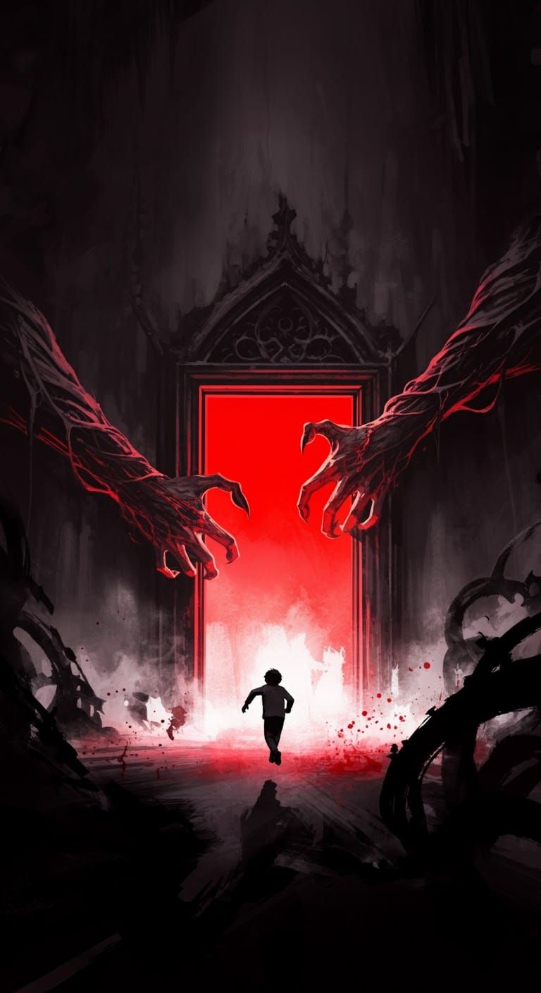 Gothic Horror: Giant Arms Reach for Fleeing Human