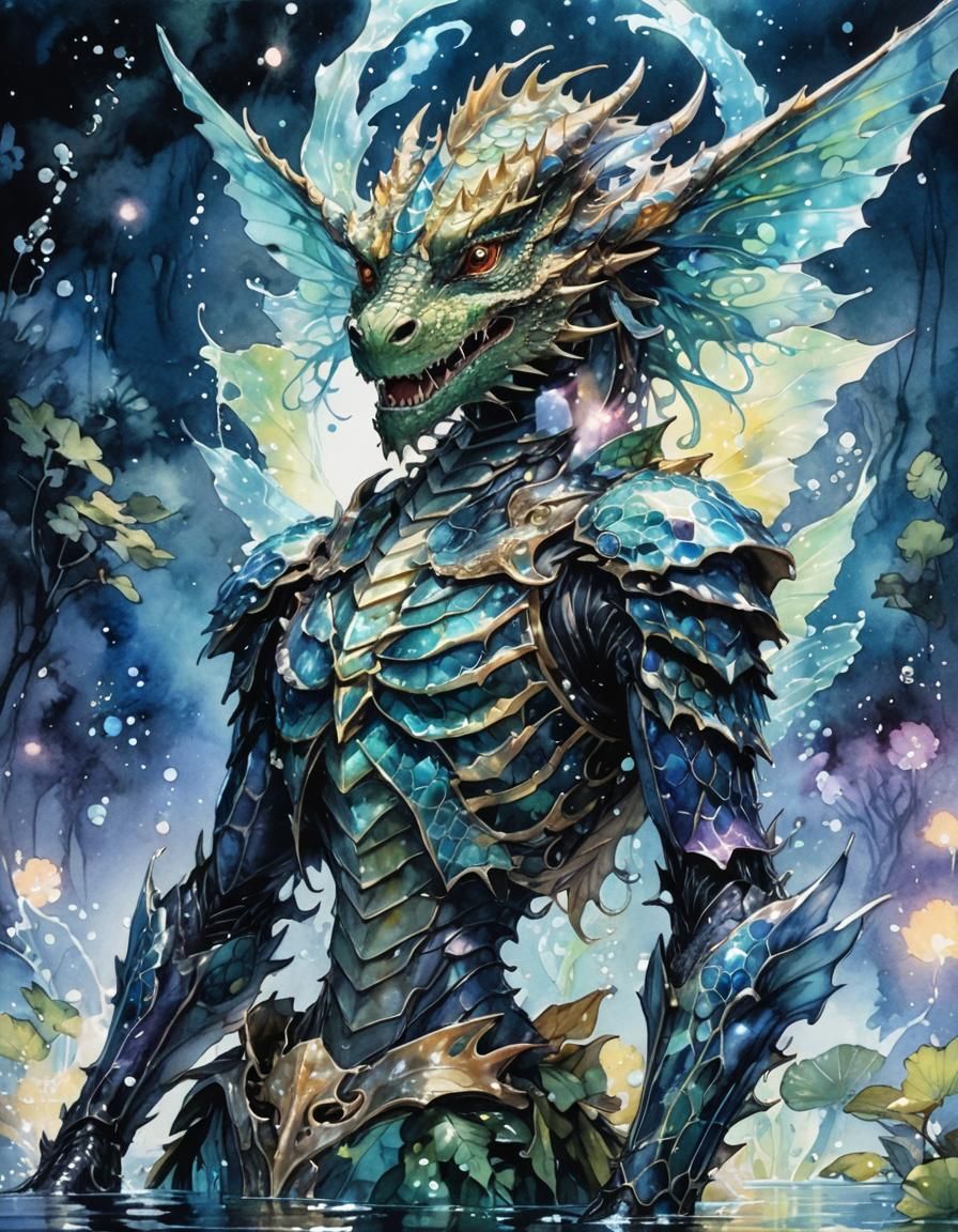 Anime Water Dragon with Fairy Wings in Watercolor