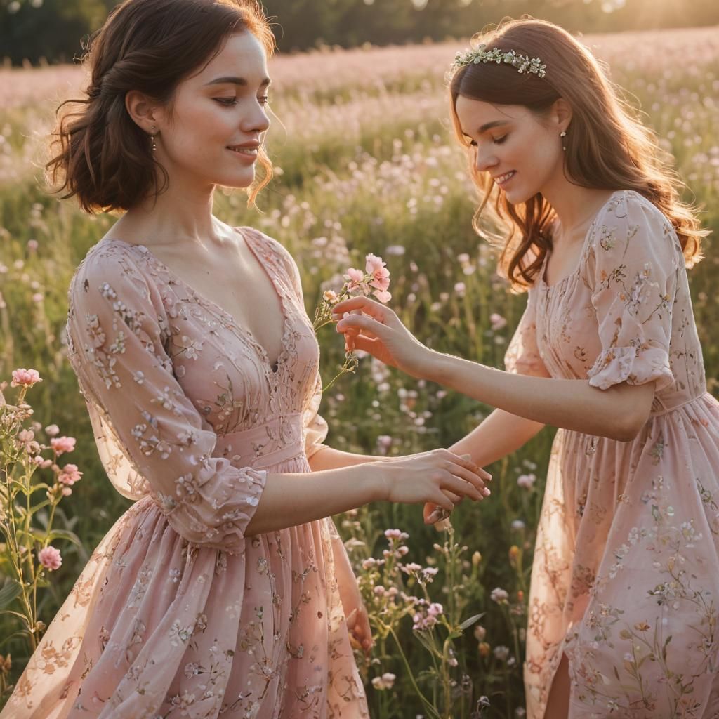 Tender Touch: Woman in Flower Field, Photorealistic