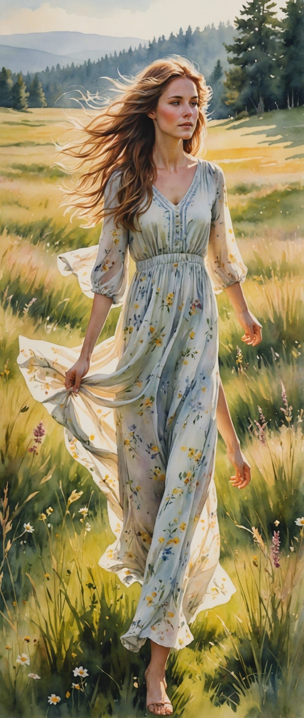 Woman in Meadow: Watercolor Painting with Soft Light