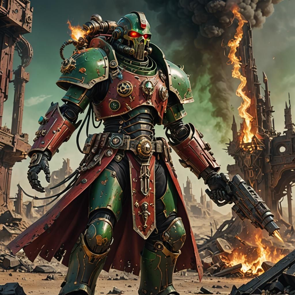 Tech Priest in Fire-Scorched Wasteland