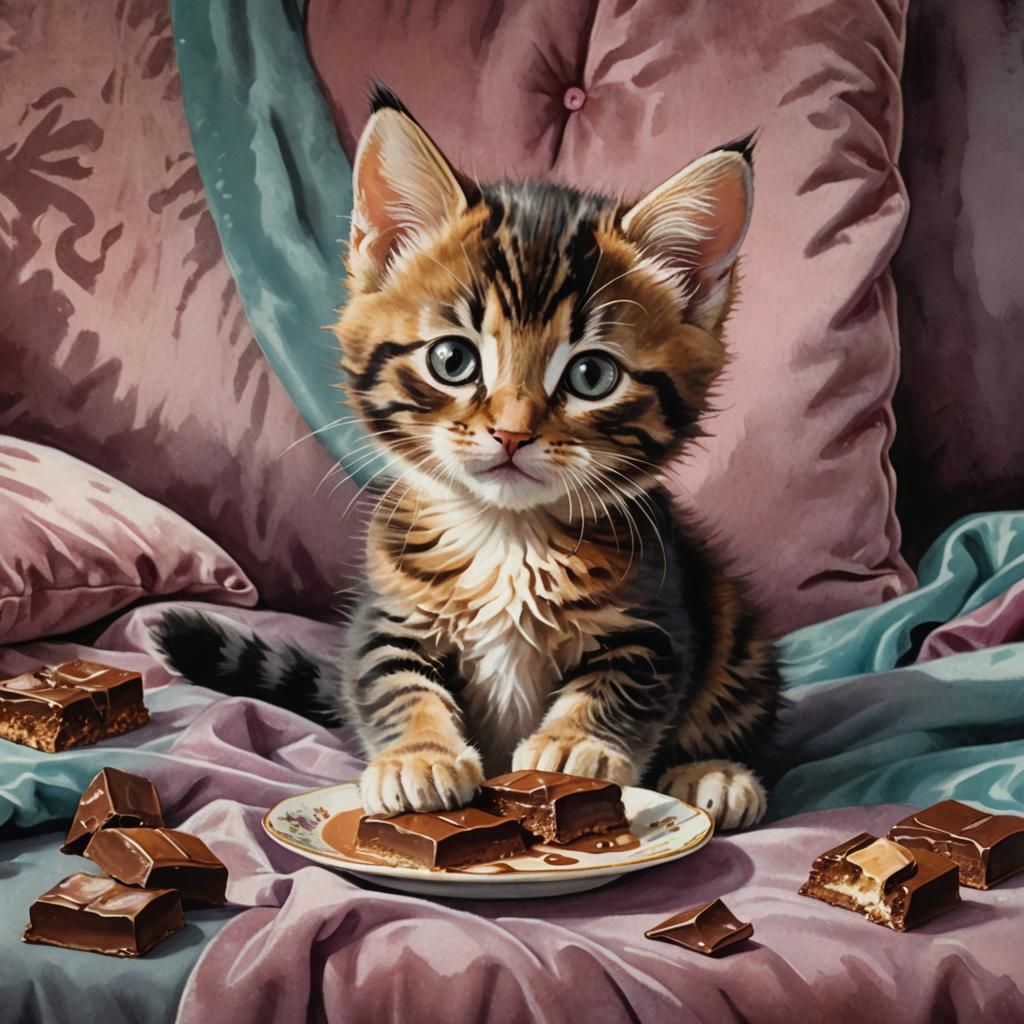 Kitten's Chocolate Treat: Whimsical Oil Painting