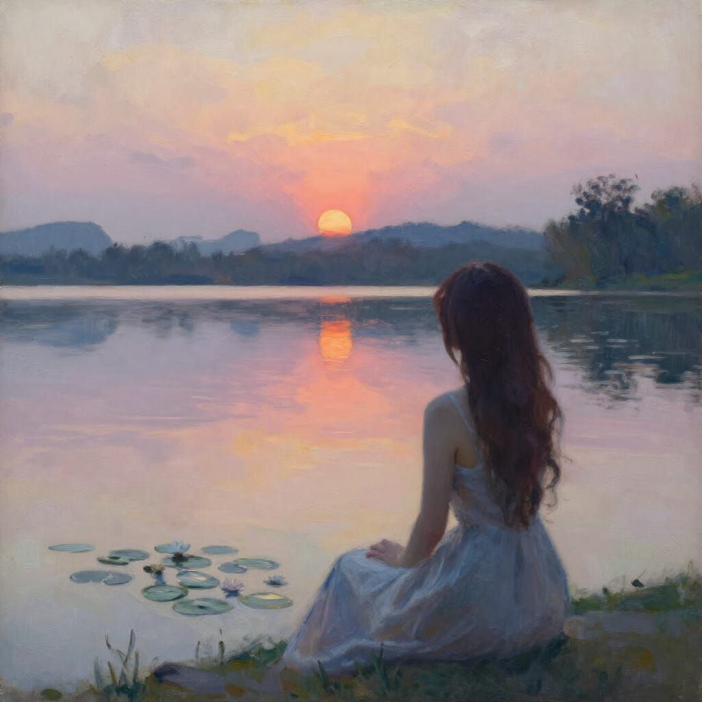 Serene Woman by Tranquil Lake at Sunset