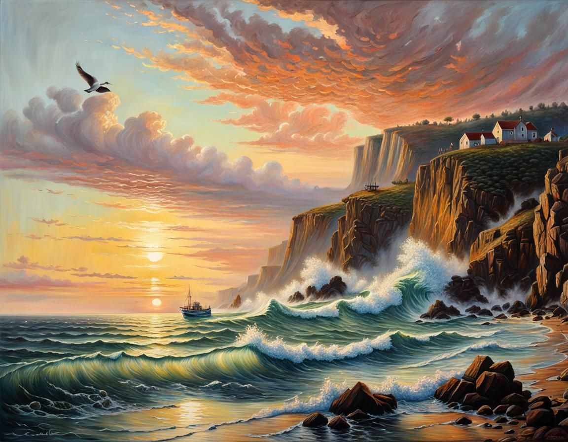 Hyperrealistic Pastel Coastline at Sunset