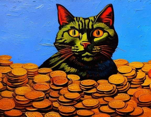 Cat and Coins in Van Gogh Impressionist Style