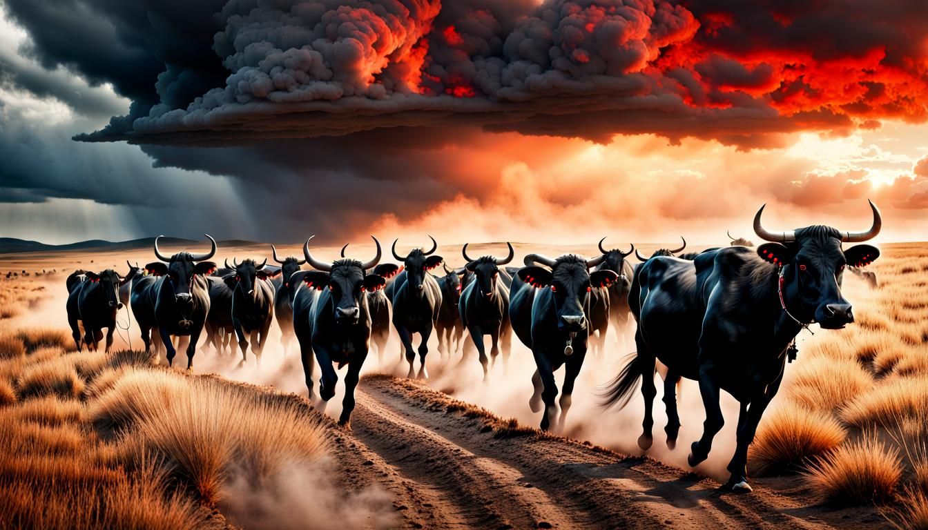 Demonic Cattle Stampede Across Stormy Landscape