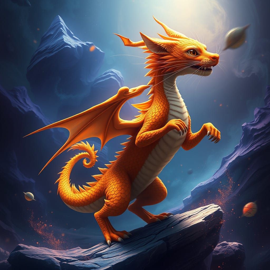 Orange Cat-Dragon Fusion in Vibrant Fantasy Realm