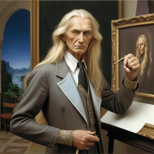 Elderly Man Posing for Cat-Woman Painter