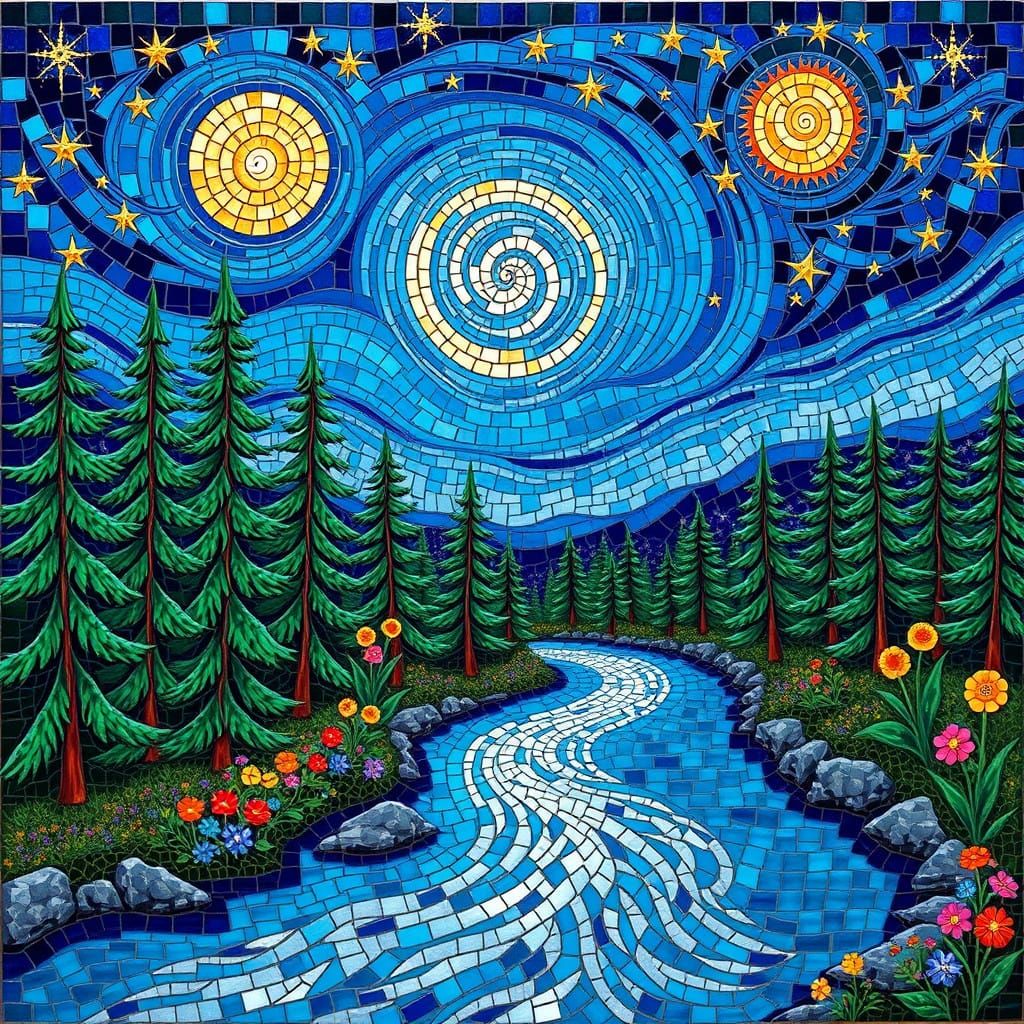 Surreal Night Mosaic in Byzantine Style with Dreamlike Quali...