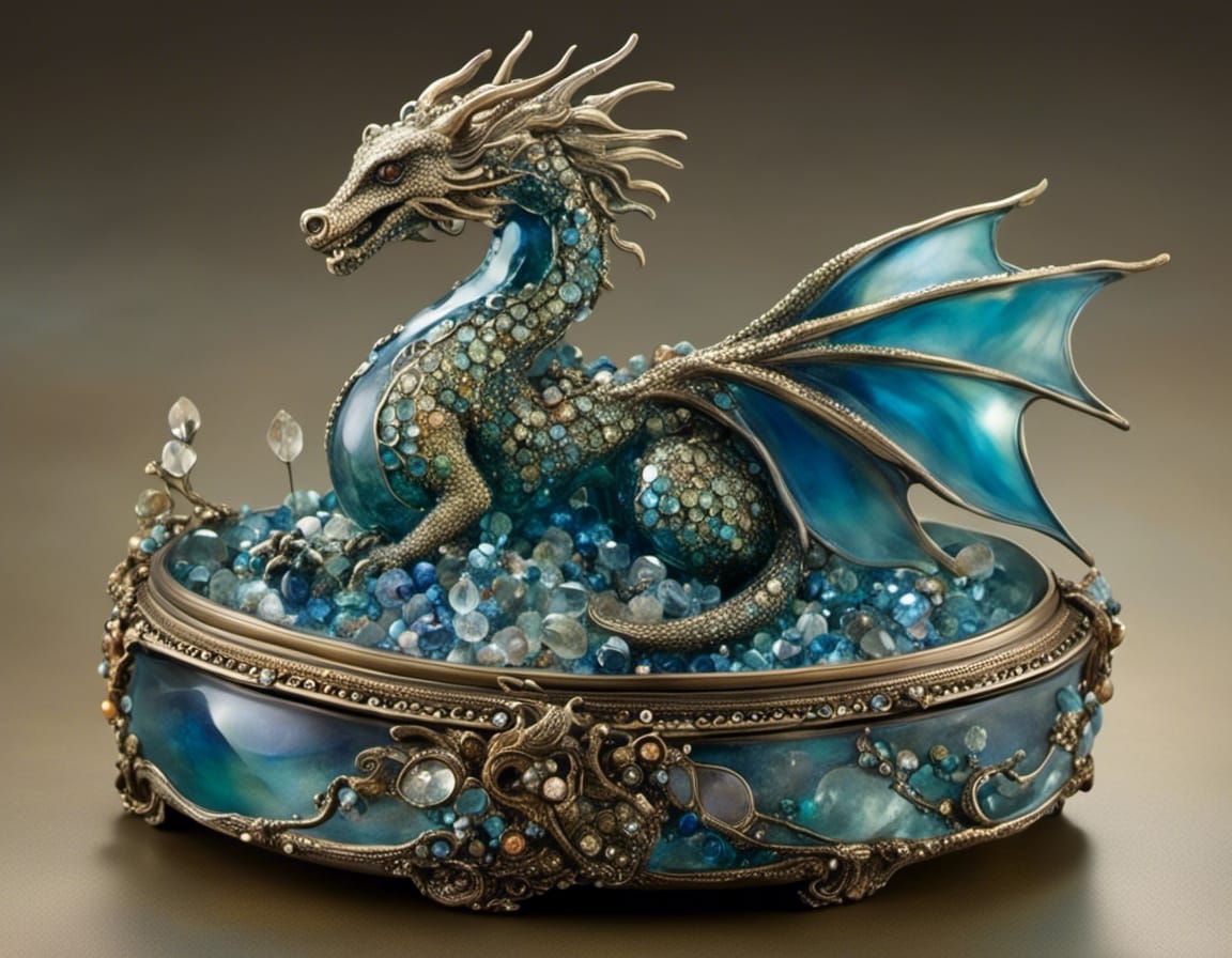 Baby Dragon in Jeweled Box, Whimsical Fantasy Art