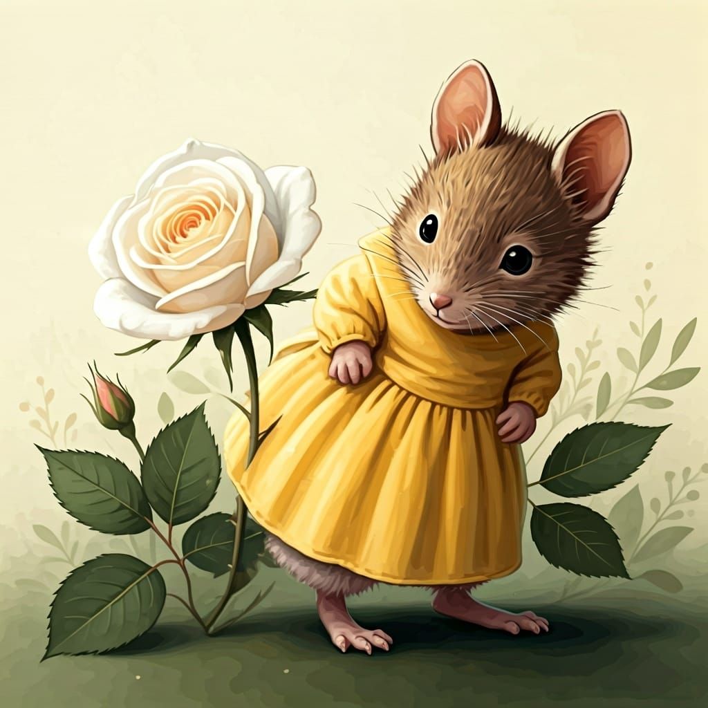 Mouse Hiding Behind Rose: Watercolor Illustration