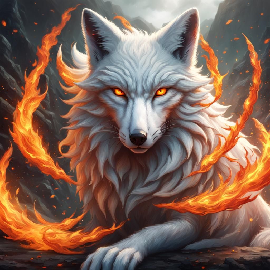 Nine-Tailed Fox in Fiery Fantasy Concept Art