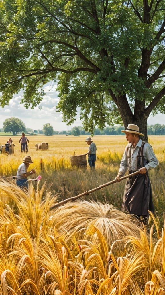 Ukrainian Haymaking Scene in Reverse Glass Painting