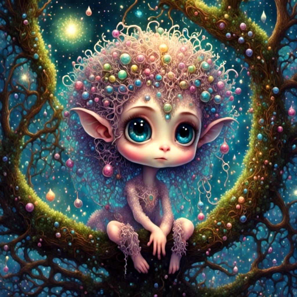 Sad-Eyed Baby Gremlin in Neon Retro Style