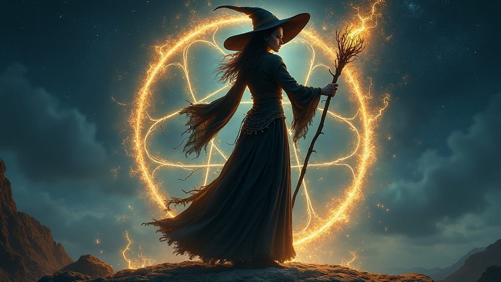 Young Witch Casting Spell in Starry Night
