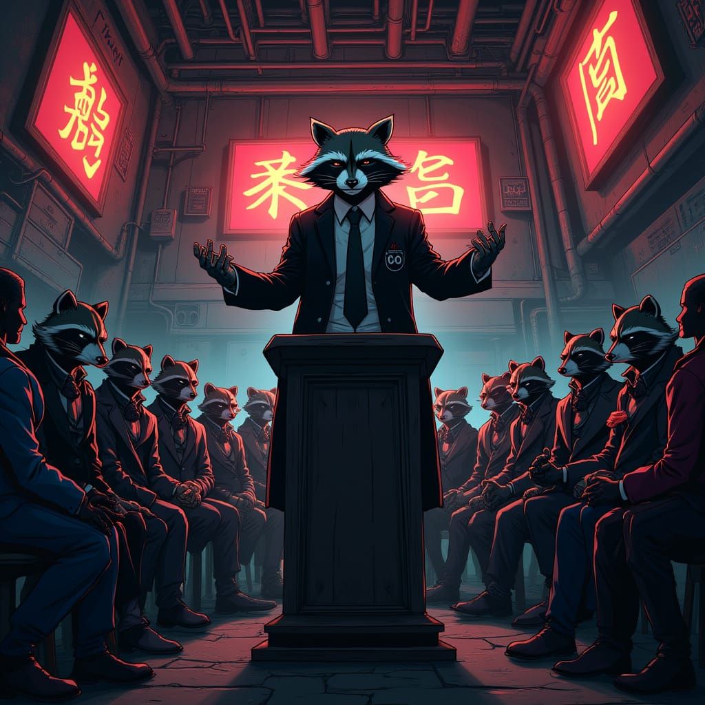 Raccoon Collective Leaders Unite in Neon-Lit Lair