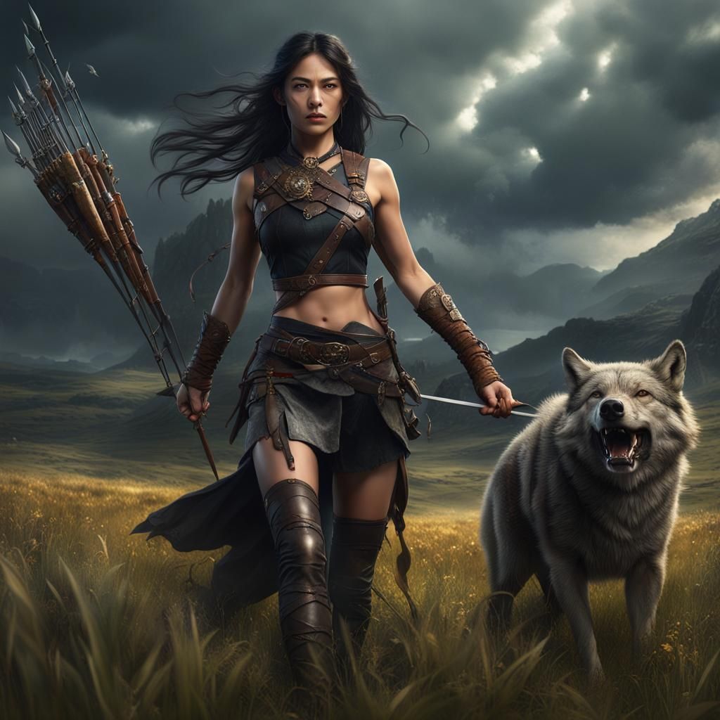 Mongolian Woman and Wolf in Stormy Meadow: Fantasy Art