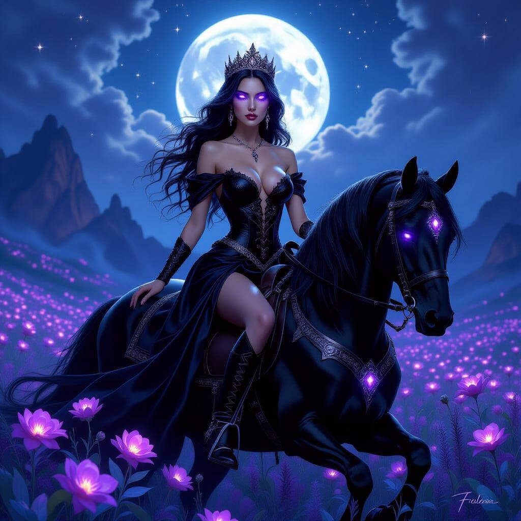 Queen on Horseback in Mystical Landscape Oil Painting