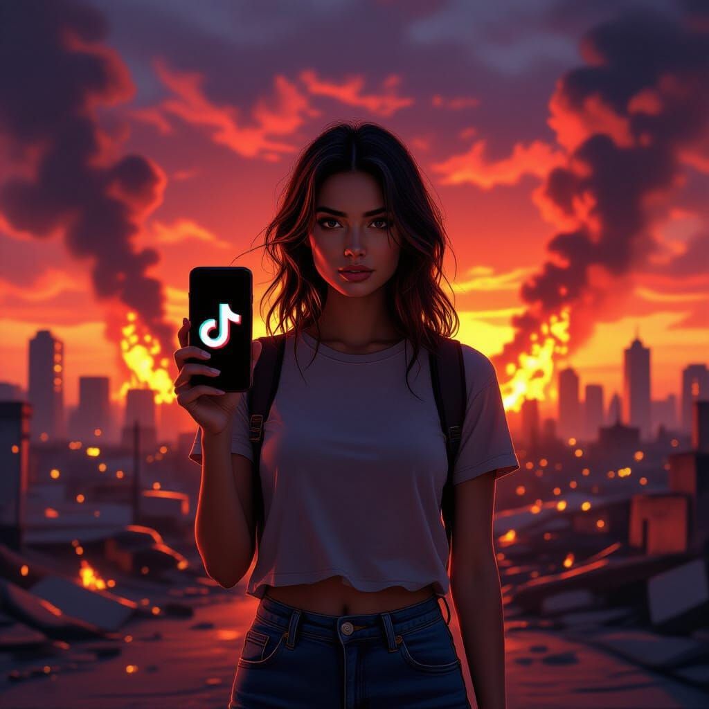 Dystopian Sunset: Woman Holds TikTok Phone Amidst City Colla...