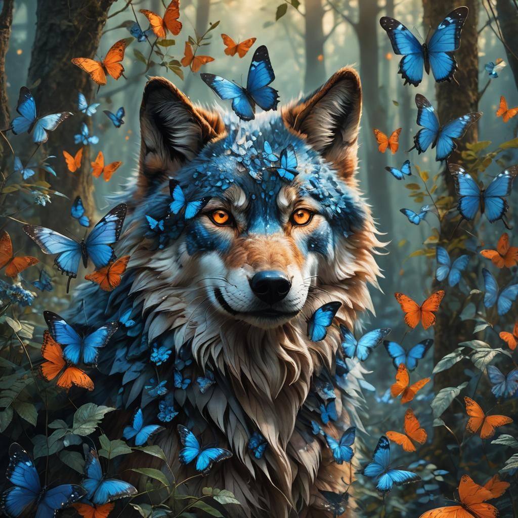 Blue Butterflies Adorn Wolf in Mystical Forest
