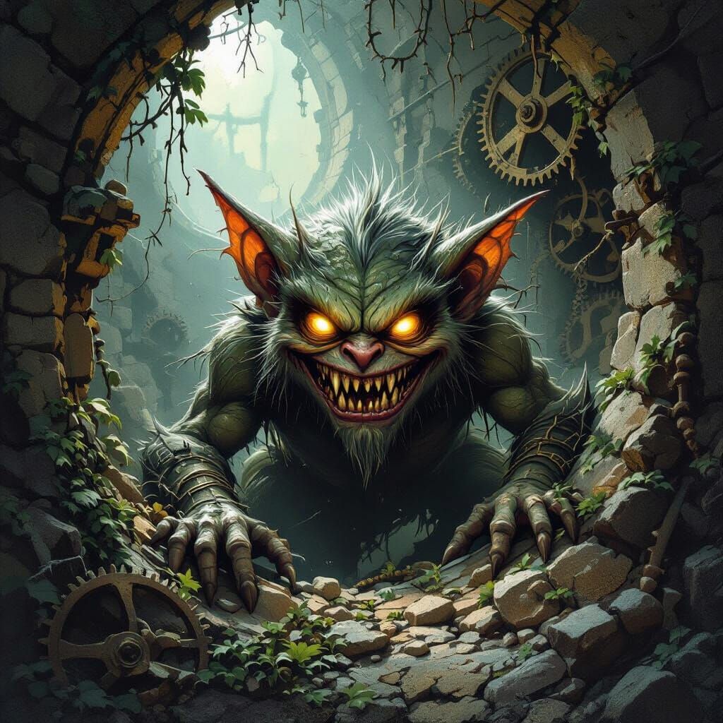 Gremlin in Clock Tower: Dark Fantasy Art