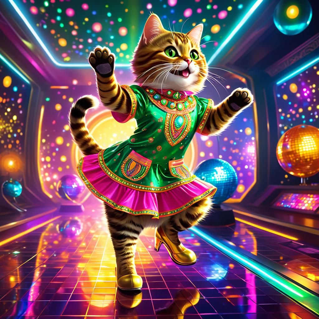 Disco Cat Grooves in Futuristic 70s Style