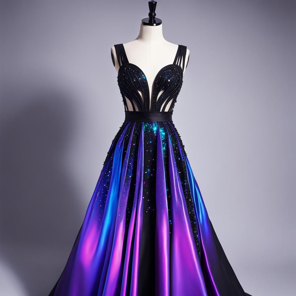 Cosmic black met gala dress with purple holographic accents& blue holographic accents&  cosmic vibes& magical vibes& eth...