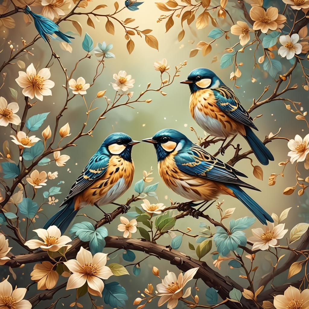 Songbirds in Dreamy Floral Illustration