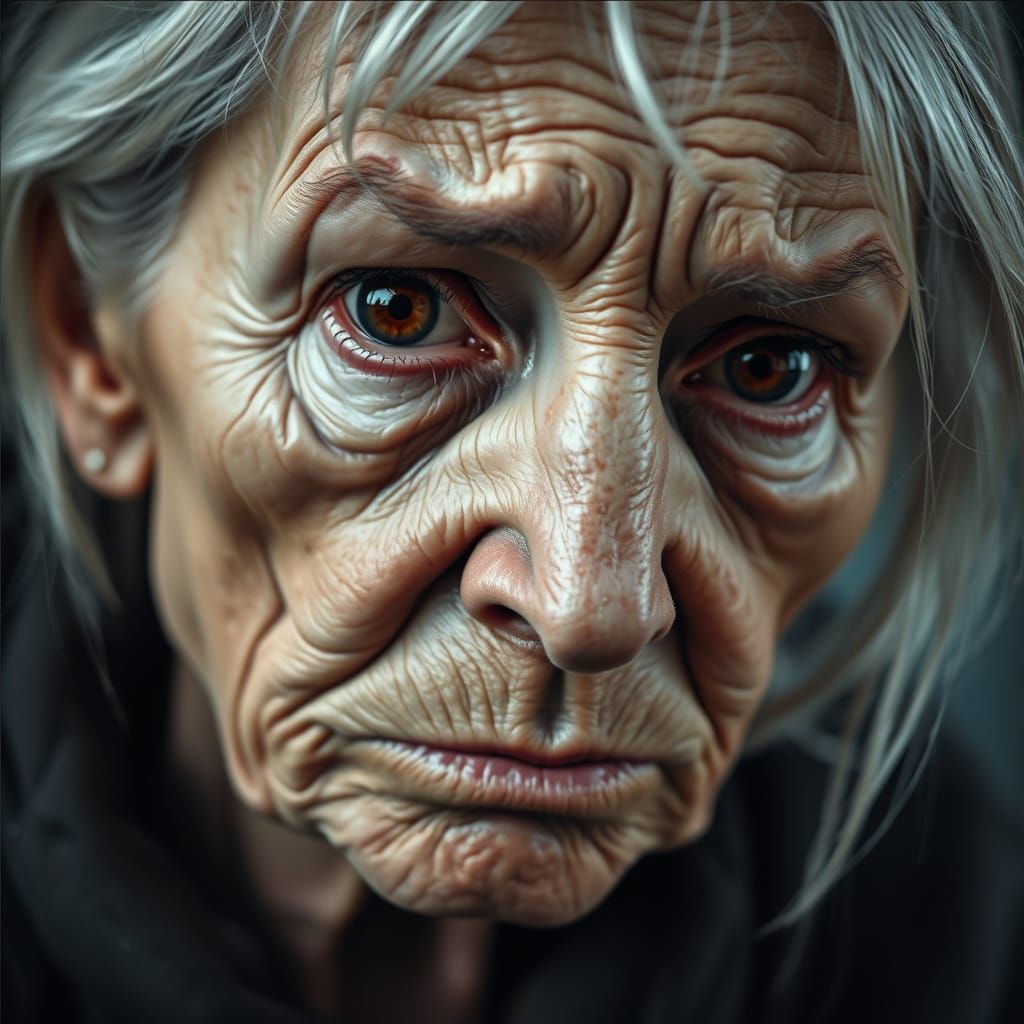 Elderly Woman's Resilient Tears in a Moment of Desperation