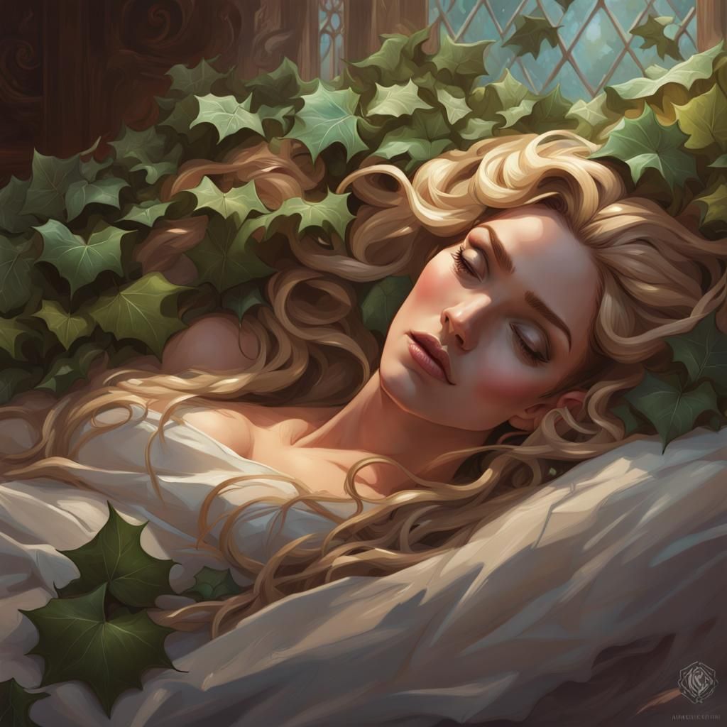 Sleeping Beauty Portrait with Ivy, Detailed Digital Art